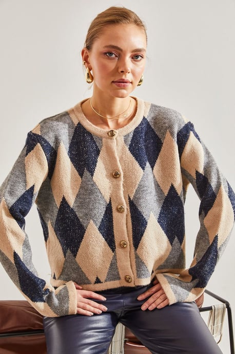 Geometrisk Stickad Knapp-up Crop Cardigan - Image 2