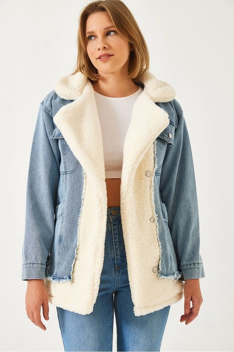 Faux fur sjalkrage denimjacka - Image 2
