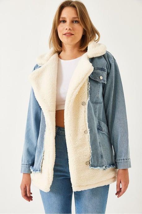 Faux fur sjalkrage denimjacka - Image 3