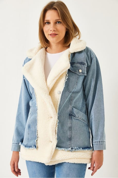 Faux fur sjalkrage denimjacka - Image 4