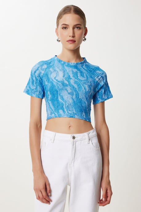 Abstrakt Mönster Kortärmad Slim Fit Crop Blus - Image 2
