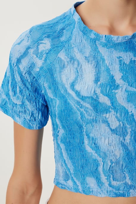 Abstrakt Mönster Kortärmad Slim Fit Crop Blus - Image 4