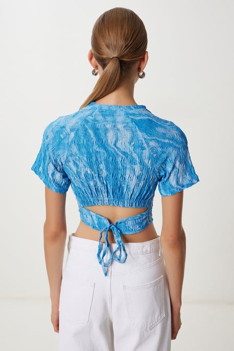 Abstrakt Mönster Kortärmad Slim Fit Crop Blus - Image 5