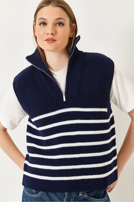 Striped Knitwear Sweater Vest with Zipper Collar - Image 2