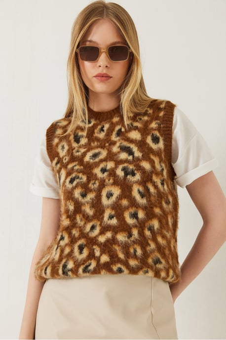 Leopard Print Ribbed Knitwear Sweater Vest - Image 1