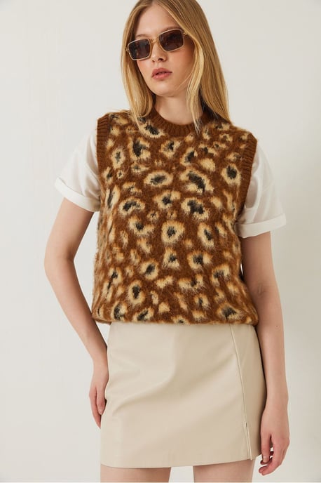 Leopard Print Ribbed Knitwear Sweater Vest - Image 2