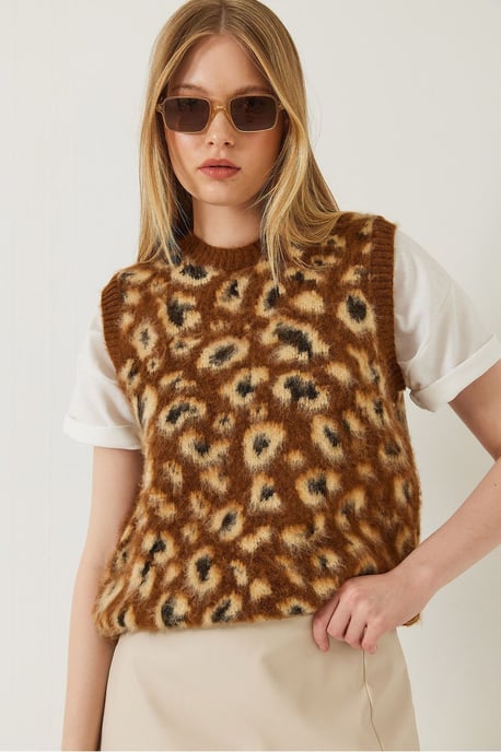 Leopard Print Ribbed Knitwear Sweater Vest - Image 3