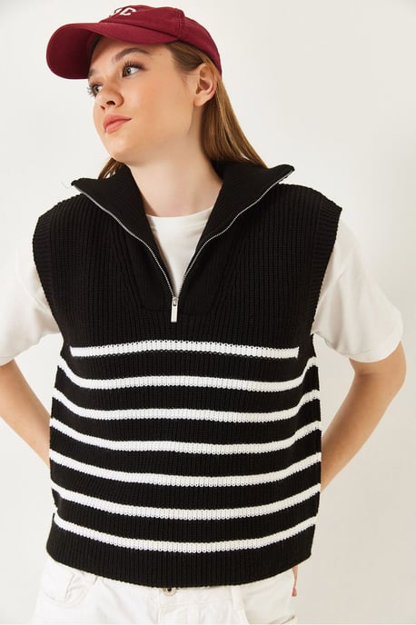 Striped Knitwear Sweater Vest with Zipper Collar - Image 3