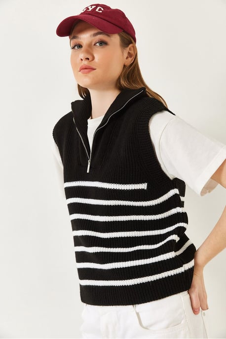 Striped Knitwear Sweater Vest with Zipper Collar - Image 4