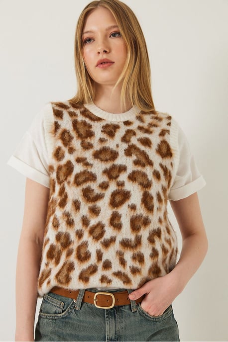Leopardmönstrad ribbad stickad väst - Image 2
