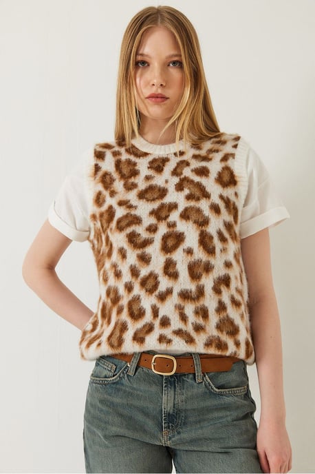 Leopardmönstrad ribbad stickad väst - Image 3