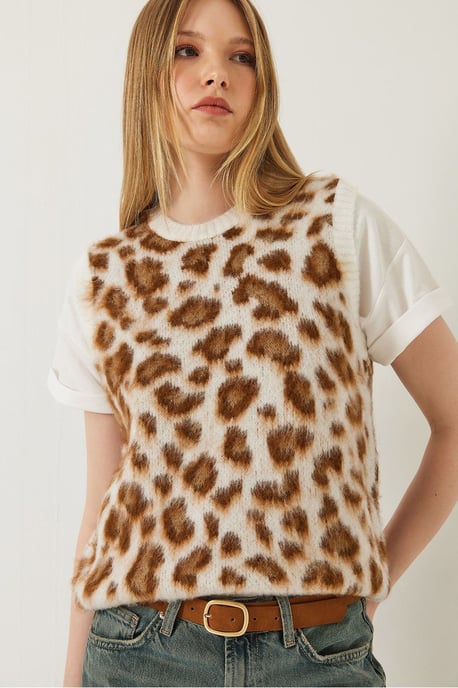 Leopardmönstrad ribbad stickad väst - Image 4