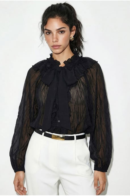 Knappad Crepe Blus med Slipsdetalj - Image 2