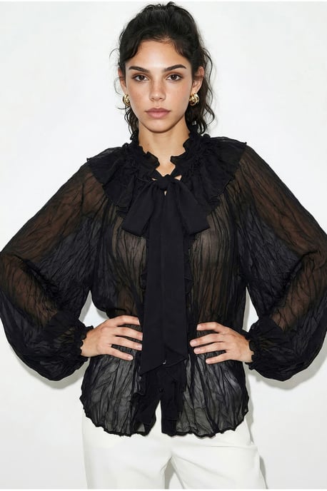Knappad Crepe Blus med Slipsdetalj - Image 3
