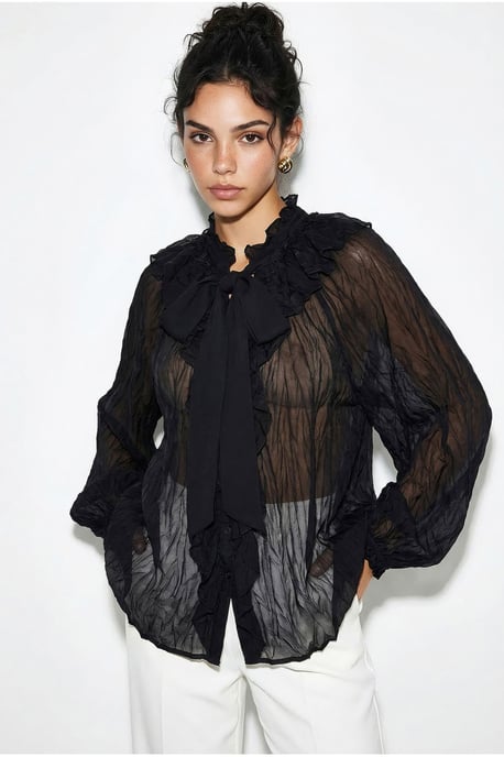 Knappad Crepe Blus med Slipsdetalj - Image 4