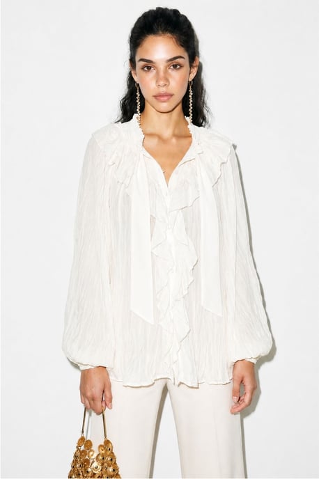 Knappad Crepe Blus med Slipsdetalj - Image 3