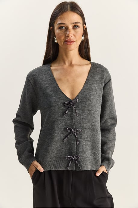 Geknoopte Gedetailleerde V-Hals Cardigan - Image 2