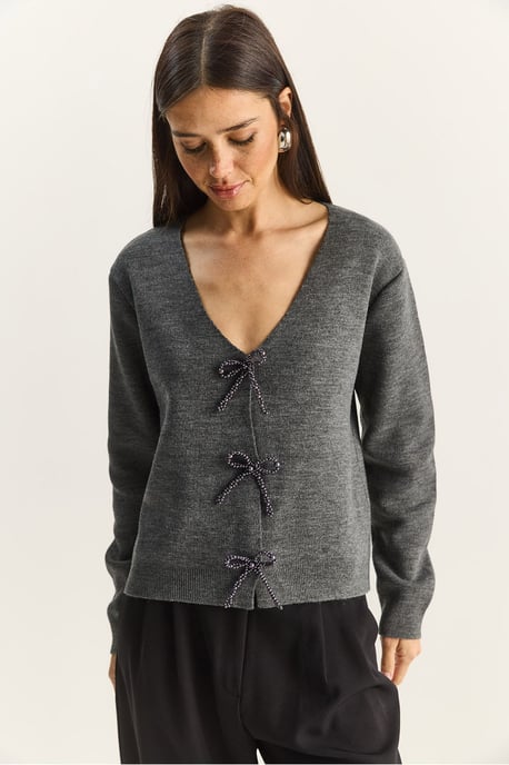 Geknoopte Gedetailleerde V-Hals Cardigan - Image 3