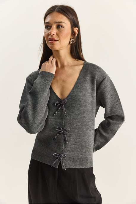Geknoopte Gedetailleerde V-Hals Cardigan - Image 4