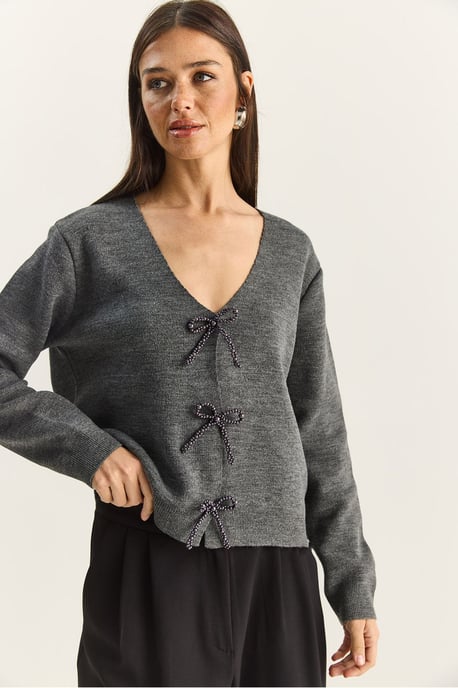 Geknoopte Gedetailleerde V-Hals Cardigan - Image 5