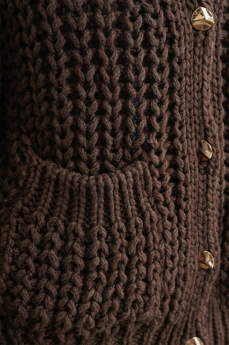 Oversized Ribbade Stickade Cardigan med V-hals och Lommer - Image 3