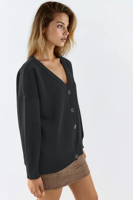 Oversized Geribbelde V-hals Knopen Cardigan - Image 3