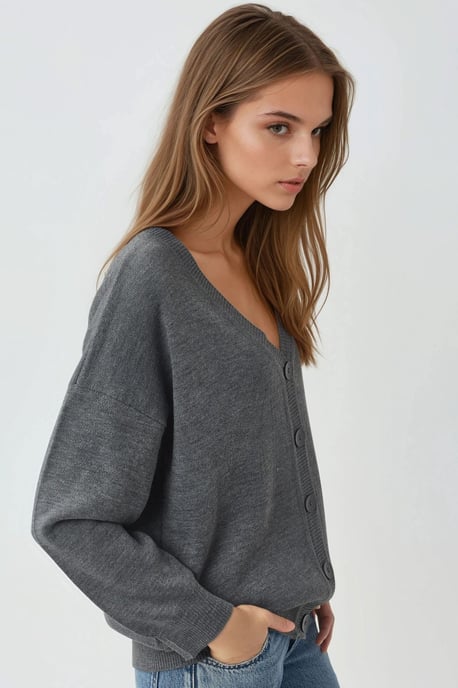 Oversized Geribbelde V-hals Knopen Cardigan - Image 3