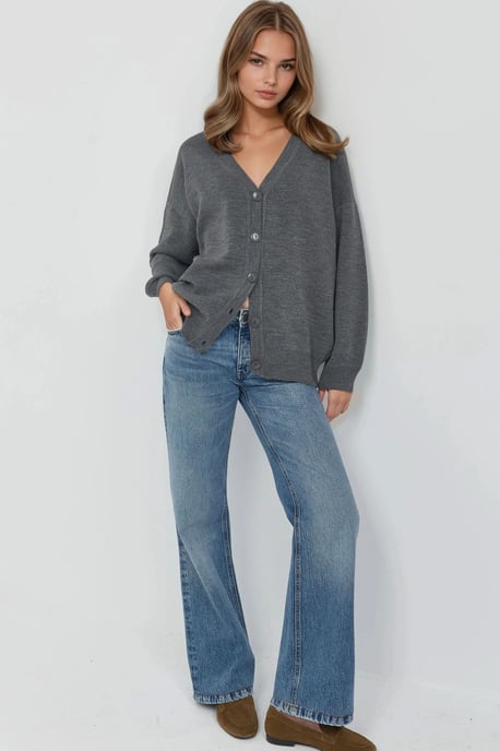 Oversized Geribbelde V-hals Knopen Cardigan - Image 5