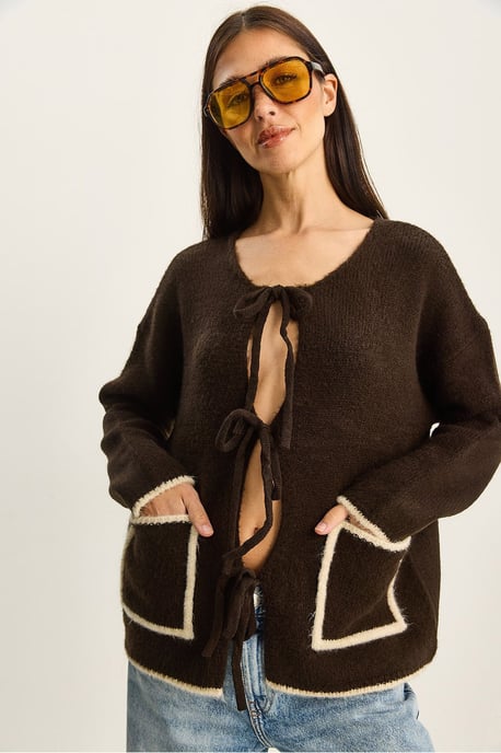 Oversized Knit Cardigan with Tie Closure - Image 3