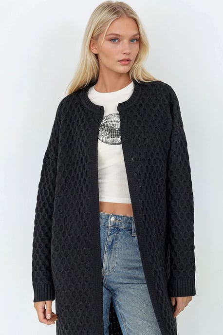 Långt Ribbade Randiga Zip-Front Kofta - Image 4