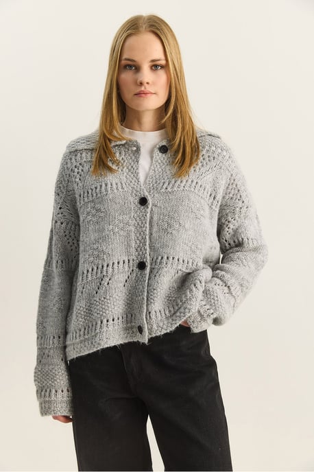 Textured Polo Collar Button Cardigan - Image 2