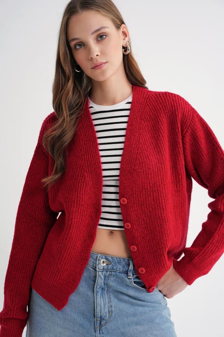 Gestructureerde V-hals Knop Cardigan - Image 1