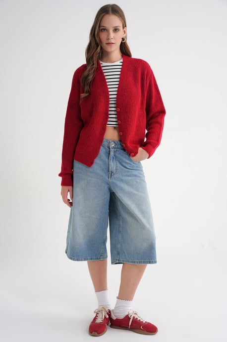Gestructureerde V-hals Knop Cardigan - Image 2
