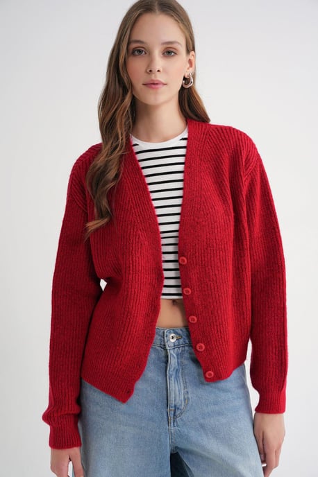 Gestructureerde V-hals Knop Cardigan - Image 3