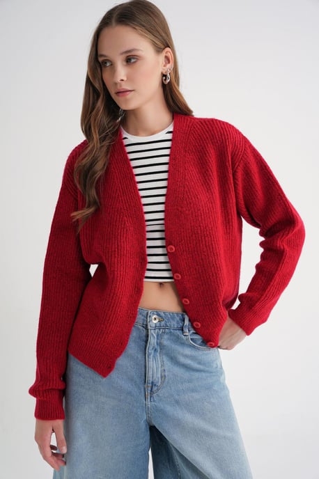 Gestructureerde V-hals Knop Cardigan - Image 4