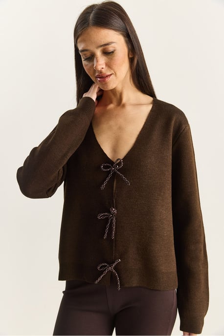 Geknoopte Gebreide V-hals Cardigan - Image 3