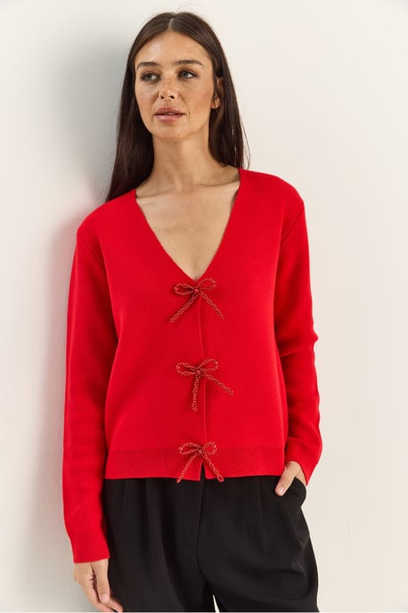 Geknoopte Gebreide V-hals Cardigan - Image 2