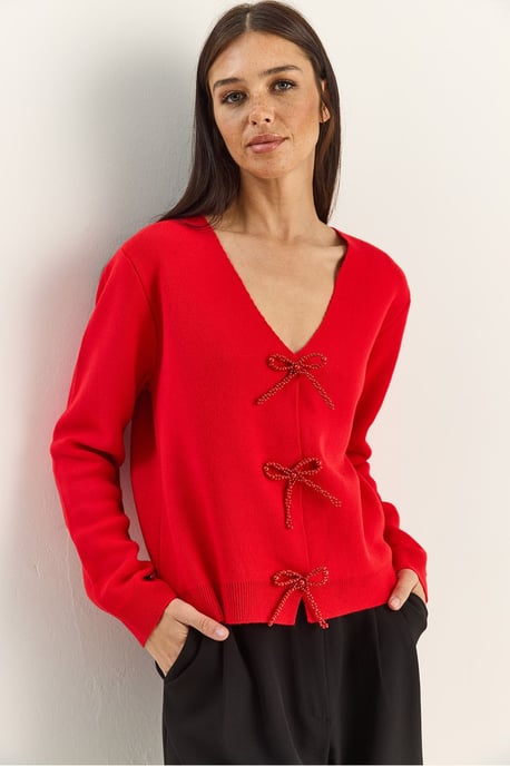 Geknoopte Gebreide V-hals Cardigan - Image 3