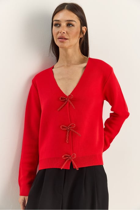 Geknoopte Gebreide V-hals Cardigan - Image 4