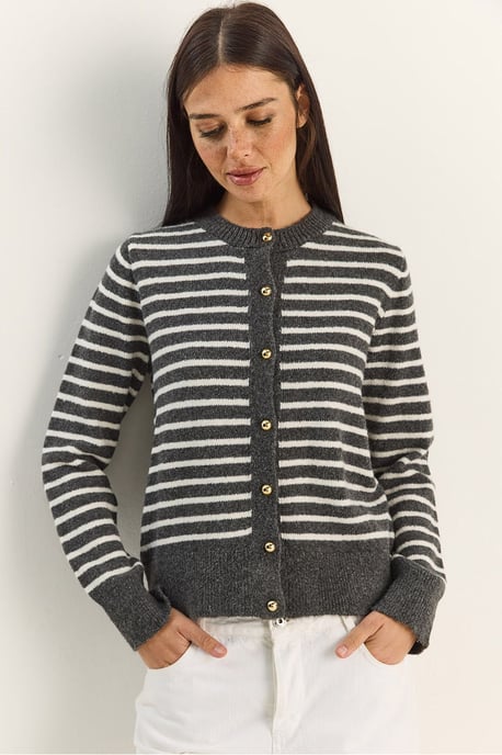 Randig ribbad stickad cardigan med knäppning - Image 1