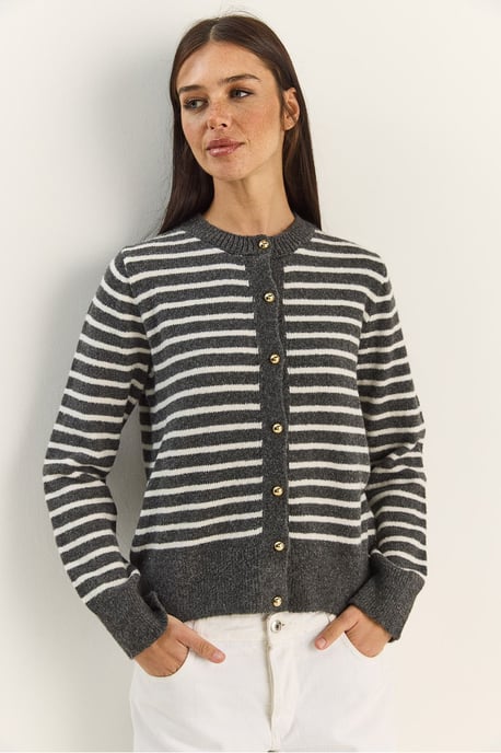 Randig ribbad stickad cardigan med knäppning - Image 2