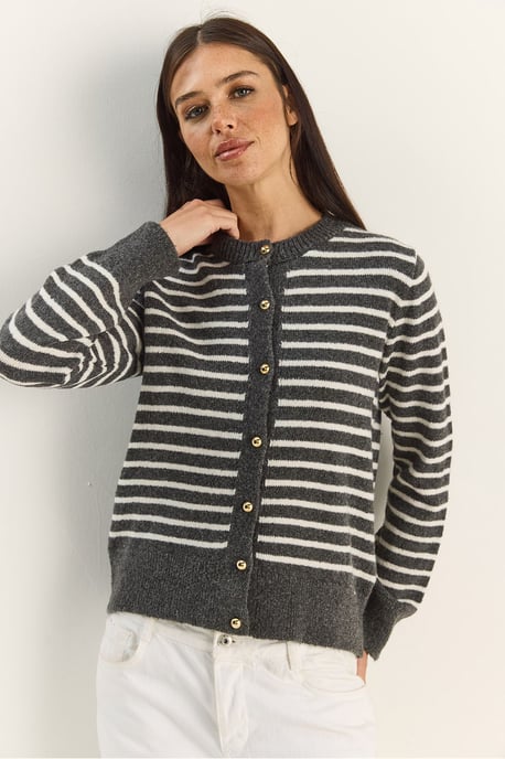 Randig ribbad stickad cardigan med knäppning - Image 4