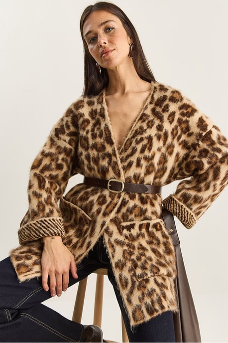 Oversized lång cardigan med leopardmönster och fickor - Image 1
