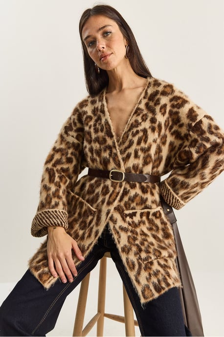 Oversized lång cardigan med leopardmönster och fickor - Image 2