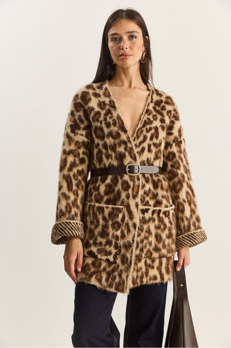 Oversized lång cardigan med leopardmönster och fickor - Image 3