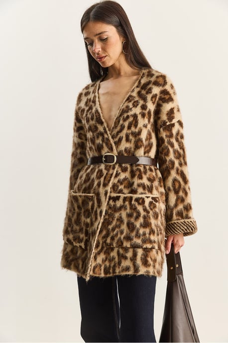Oversized lång cardigan med leopardmönster och fickor - Image 5