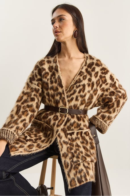 Oversized lång cardigan med leopardmönster och fickor - Image 6