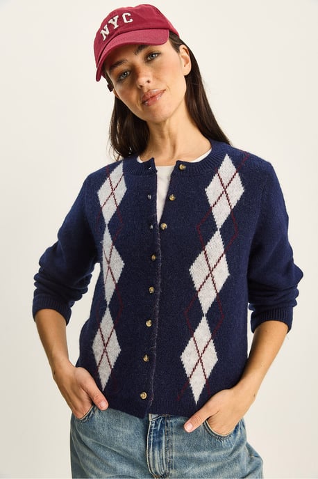 Argyle Pattern Cardigan with Button Closure - Image 1
