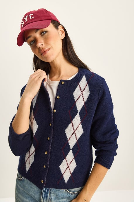 Argyle Pattern Cardigan with Button Closure - Image 4