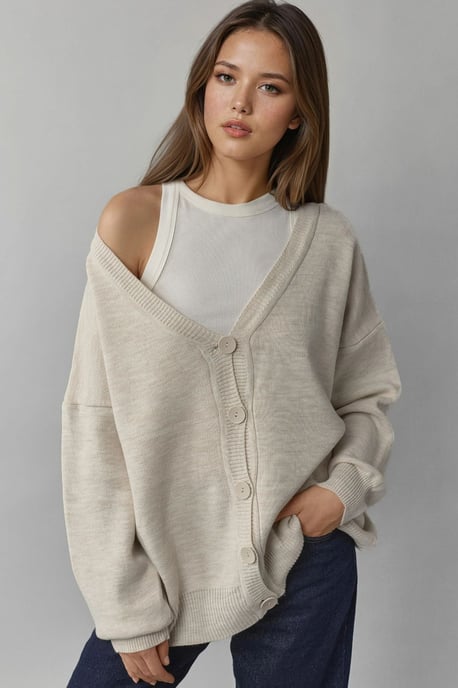 Oversized Geribbelde V-hals Knopen Cardigan - Image 1